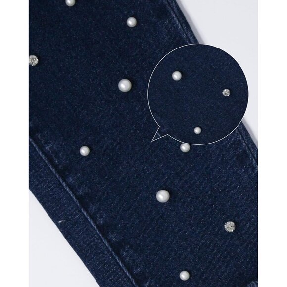 Women's High Rise Skinny Jeans Cotton Stretch Pearl Rhinestones Casual Dressy - Picture 8 of 8